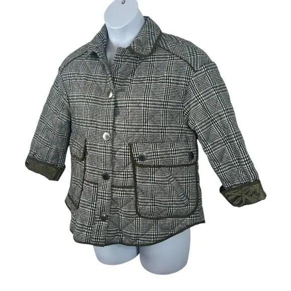 Zara Boxy Plaid Coat Jacket Medium Green Gray Check Button Front Utility Pockets - Picture 5 of 12